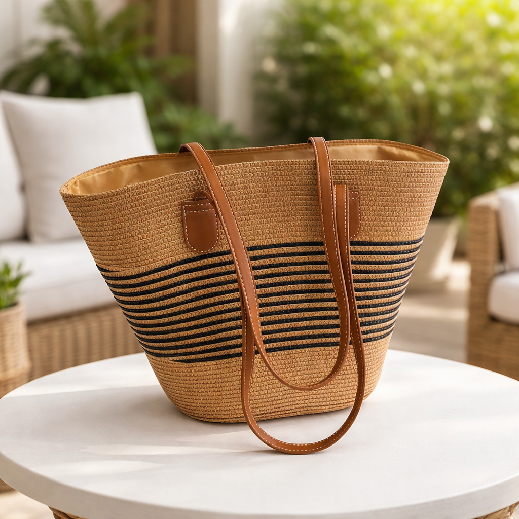 Bolso Tote de Paja con Rayas Elegantes – Estilo Verano y Playa