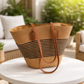 Bolso Tote de Paja con Rayas Elegantes – Estilo Verano y Playa